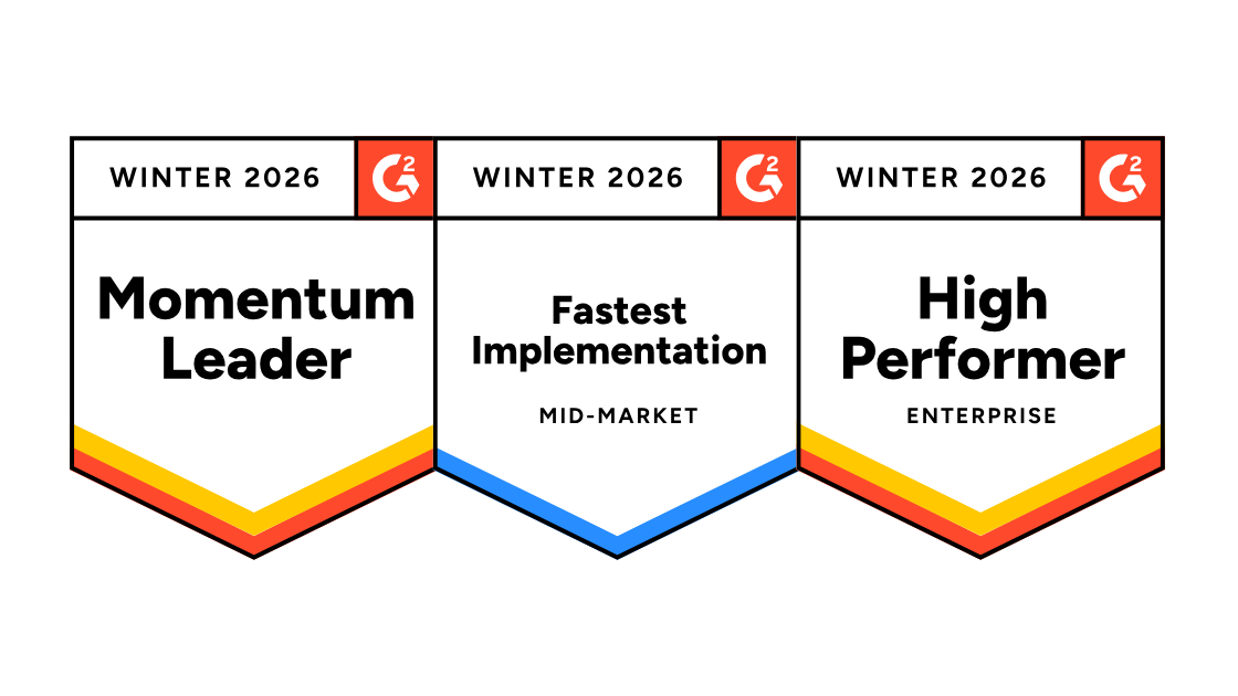 SalesRabbit Winter 2026 G2 Badges showing Momentum Leader, Fastest Implementation for Mid-Market, and High Performer for Enterprise